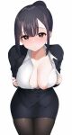 1girl black_hair breasts brown_eyes brown_pantyhose cleavage large_breasts looking_at_viewer nipple_slip nipples office_lady open_clothes original pantyhose pencil_skirt presenting shirt short_hair simple_background skirt solo tera_zip white_background white_shirt 