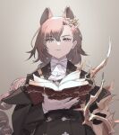  1girl animal_ears arknights ascot black_coat black_nails book brown_background brown_hair canin04477 coat hair_between_eyes hair_ornament long_hair long_sleeves looking_at_viewer open_book penance_(arknights) simple_background solo upper_body white_ascot yellow_eyes 