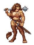  amazon anthro armor belt bikini blazbaros bottomwear breasts brown_hair chainmail_bikini claws cleavage clothed clothing digitigrade ear_piercing ear_ring felid female fur hair hi_res leggings legwear lion loincloth long_hair mace mammal melee_weapon pantherine piercing ring_piercing sheathed_weapon simple_background skimpy solo spiked_mace swimwear sword tan_body tan_fur thigh_highs unconvincing_armor weapon weapon_over_shoulder white_background 
