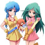  3girls bangs belt blue_eyes blue_hair blush cham_fau choudenji_robo_combattler_v collarbone commentary fairy gloves green_eyes green_hair kingetsu_mikoto long_hair multiple_girls nanbara_chizuru ninja_senshi_tobikage off_shoulder orange_gloves orange_hair reni_ai seisenshi_dunbine sidelocks size_difference super_robot_wars upper_body very_long_hair white_background yellow_gloves 