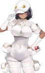  1girl aether_foundation_employee aether_foundation_uniform black_hair blush bodysuit breasts collar dark-skinned_female dark_skin elbow_gloves gloves hand_on_hip hat hat_tip highres holding holding_poke_ball jumpsuit large_breasts marushin_(denwa0214) poke_ball poke_ball_(basic) pokemon pokemon_(game) pokemon_sm purple_hair revision short_hair simple_background solo tan thick_thighs thigh_gap thighs white_background white_bodysuit white_gloves white_headwear white_jumpsuit white_uniform yellow_eyes 
