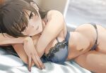  1girl :d bed_sheet black_hair blue_bra blue_panties blurry blurry_background bra breasts brown_eyes crossed_arms ear_piercing indoors konata_(kankin_jk) lace-trimmed_bra lace_trim large_breasts long_hair looking_at_viewer lying mishiranu_joshikousei_ni_kankin_sareta_mangaka_no_hanashi navel on_side panties parted_lips piercing ryouma_(galley) smile solo stomach underwear underwear_only 