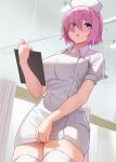  1girl bangs blush breasts eyes_visible_through_hair fate/grand_order fate_(series) hair_over_one_eye hat highres infirmary large_breasts looking_at_viewer mash_kyrielight nurse nurse_cap open_mouth pink_hair purple_eyes short_hair short_sleeves solar_(happymonk) solo teeth thighhighs thighs upper_teeth white_headwear white_thighhighs 