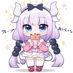  1girl bangs black_bow black_hairband blue_eyes blush_stickers bow capelet chestnut_mouth chibi commentary_request crepe dragon_horns dress food full_body grey_hair hairband highres holding holding_food horns kanna_kamui kobayashi-san_chi_no_maidragon long_hair looking_at_viewer low_twintails open_mouth pink_dress red_footwear rensei shadow shoes simple_background solo standing tail thighhighs translated twintails very_long_hair white_background white_capelet white_thighhighs 
