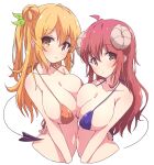  2girls ahoge asymmetrical_docking bangs bare_shoulders bikini blush breast_press breasts cleavage collarbone curled_horns demon_girl demon_horns demon_tail hair_between_eyes hair_bun hair_ornament hair_ribbon halterneck highres hinatsuki_mikan horns large_breasts long_hair looking_at_viewer machikado_mazoku mel_(melty_pot) multiple_girls navel orange_bikini orange_hair purple_bikini purple_eyes red_eyes red_hair ribbon simple_background single_hair_bun single_side_bun swimsuit tail white_background yoshida_yuuko_(machikado_mazoku) 