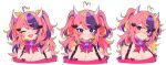  1girl ahoge bare_shoulders bell blush bow bowtie breasts cleavage closed_eyes commentary demon_girl demon_horns fang hair_ornament heart heart_ahoge heart_hair_ornament highres horns ironmouse long_hair looking_at_viewer multicolored_hair multiple_views neck_bell open_mouth pink_hair pout purple_eyes purple_hair savi_(byakushimc) simple_background smile smirk tongue two-tone_hair upper_body virtual_youtuber vshojo white_background 