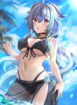  1girl :o ahoge bangs bare_shoulders bell bikini black_bikini black_sarong blue_hair blue_sky blush breasts cloud day floating_hair frilled_bikini frills ganyu_(genshin_impact) genshin_impact goat_horns horns izumi_akane large_breasts long_hair looking_at_viewer midriff navel neck_bell open_mouth outdoors purple_eyes revision sarong sidelocks sky solo stomach sunlight swimsuit underboob very_long_hair vision_(genshin_impact) wading wavy_hair wet 