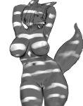  2022 absurd_res anthro areola big_breasts black_nose breasts canid canine female fox genitals guide_lines hair hands_behind_head hi_res looking_aside mammal monochrome navel nipples pose pussy short_hair simple_background sketch smile solo standing white_background ydart 
