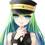  1girl alina_gray aqua_eyes black_headwear black_necktie black_vest blunt_ends brooch collar cross_tie detached_collar fur_cuffs gem green_gemstone green_hair hair_between_eyes hat highres jewelry lapels long_hair looking_at_viewer magia_record:_mahou_shoujo_madoka_magica_gaiden magical_girl mahou_shoujo_madoka_magica misteor multicolored_hair necktie notched_lapels open_mouth peaked_cap puffy_short_sleeves puffy_sleeves see-through see-through_sleeves short_sleeves sidelocks simple_background sleeve_cuffs smile solo straight_hair streaked_hair v-neck vest white_background white_collar white_sleeves 