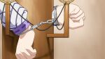  1girl bdsm bondage bound bound_wrists clenched_hands close-up commentary cuffs cursed_tv english_commentary handcuffs highres indoors long_sleeves saijou_itsuki sakura_taisen shin_sakura_taisen shirt solo white_shirt 