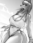  2022 absurd_res anthro big_breasts black_nose breasts canid canine cleavage clothed clothing female fox guide_lines hair hi_res huge_breasts long_hair mammal monochrome navel_outline one-piece_swimsuit outside sketch solo swimwear ydart 