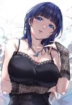 1girl arm_under_breasts armpit_crease artist_name asaka_karin bangs bare_shoulders black_dress blue_eyes blue_hair blunt_bangs breasts buttons cleavage collar commentary detached_sleeves dress earrings fingernails grey_background hand_up head_tilt heart heart_print highres jewelry kuziaaizuk lace-trimmed_dress lace_sleeves lace_trim large_breasts light_blush light_particles looking_at_viewer love_live! love_live!_nijigasaki_high_school_idol_club medium_hair necklace parted_lips pendant print_sleeves signature sleeveless sleeveless_dress sleeves_past_wrists smile solo spaghetti_strap stud_earrings two-tone_background upper_body white_background zozotown 