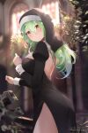  1girl alternate_costume artist_name backless_dress backless_outfit bare_back black_dress blurry blurry_background braid braided_bangs breasts ceres_fauna church closed_mouth dress flower green_hair habit hair_between_eyes hair_flower hair_ornament hololive hololive_english kananote large_breasts long_hair looking_at_viewer mole mole_under_eye nun patreon_username revision solo thighs virtual_youtuber yellow_eyes 