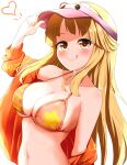  1girl :q absurdres arm_up attokyu bang_dream! bangs bare_shoulders blonde_hair blunt_bangs blush breasts character_hat cleavage clothes_writing collarbone commentary_request diagonal_bangs heart highres jacket large_breasts long_hair looking_at_viewer michelle_(bang_dream!) navel off_shoulder orange_jacket partial_commentary pink_headwear sidelocks simple_background smile solo standing stomach tongue tongue_out tsurumaki_kokoro underboob upper_body visor_cap white_background yellow_eyes 
