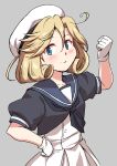  1girl arm_up bangs blonde_hair blue_eyes blue_sailor_collar clenched_hand dress futatsuki_hisame gloves grey_background hat highres janus_(kancolle) kantai_collection looking_at_viewer parted_bangs puffy_short_sleeves puffy_sleeves sailor_collar sailor_dress sailor_hat short_hair short_sleeves simple_background smile solo upper_body white_dress white_gloves white_headwear 