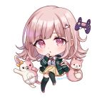  1girl :o animal_bag backpack bag bangs black_jacket black_thighhighs blunt_bangs blush brown_skirt cat_bag chibi collared_shirt controller danganronpa_(series) danganronpa_2:_goodbye_despair diaper dress_shirt ear_bow galaga hair_ornament hand_up jacket long_sleeves medium_hair miniskirt monomi_(danganronpa) moorina nanami_chiaki open_clothes open_jacket pink_bag pink_eyes pink_footwear pink_hair pleated_skirt shiny shiny_hair shirt shoes skirt teeth thighhighs two-tone_shirt upper_teeth white_shirt 