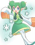  1girl bangs blue_eyes double_bun dress green_dress green_footwear green_hair hair_between_eyes hair_bun horns lidelle_(puyopuyo) looking_at_viewer open_mouth pointy_ears puyopuyo shoes sleeves_past_wrists smile white_background white_sleeves xox_xxxxxx 