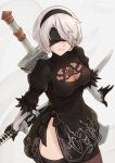  1girl bangs black_blindfold black_leotard blindfold breasts brown_thighhighs cleavage cleavage_cutout closed_mouth clothing_cutout eondriver gloves headband highres holding holding_sword holding_weapon katana leotard long_sleeves mole mole_under_mouth nier_(series) nier_automata short_hair solo sword thighhighs weapon weapon_on_back white_background white_gloves white_hair yorha_no._2_type_b 