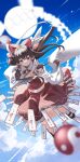  1girl above_clouds ascot between_fingers black_footwear blue_sky blurry bow brown_eyes brown_hair cloud collared_shirt commentary depth_of_field detached_sleeves floating floating_hair frilled_bow frilled_hair_tubes frilled_skirt frills hair_bow hair_tubes hakurei_reimu hand_up highres holding knee_up long_hair looking_at_viewer mary_janes navel ofuda orb red_bow red_shirt red_skirt shide shirt shoes sidelocks skirt skirt_set sky sleeveless sleeveless_shirt solo stomach touhou yellow_ascot yin_yang yin_yang_orb yuujin_(yuzinn333) 