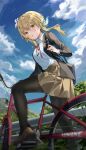  1girl alternate_costume bag bicycle black_bag black_jacket black_pantyhose blazer blue_sky blurry blurry_foreground brown_footwear brown_skirt character_name chie_(user_snfh8333) cloud collared_shirt feather_hair_ornament feathers flower from_below genshin_impact ground_vehicle hair_between_eyes hair_flower hair_ornament highres jacket looking_at_viewer lumine_(genshin_impact) mountain neck_ribbon open_clothes open_jacket open_mouth pantyhose railing red_ribbon ribbon school_uniform shirt short_hair_with_long_locks shoulder_bag skirt sky solo tree white_flower white_shirt yellow_eyes 