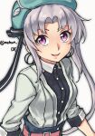  1girl akitsushima_(kancolle) alternate_costume bangs beret blue_headwear grey_hair hat highres jacket kantai_collection long_hair long_sleeves looking_at_viewer makun_dx one-hour_drawing_challenge open_mouth purple_eyes smile solo twitter_username white_jacket 