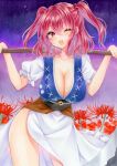  1girl ;d breasts cleavage coin cowboy_shot flower gradient gradient_background hair_bobbles hair_ornament highres holding holding_scythe large_breasts looking_at_viewer natsume_nadeshiko obi one_eye_closed onozuka_komachi open_mouth red_eyes red_flower red_hair sash scythe smile solo spider_lily standing touhou traditional_media two_side_up 