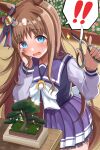  ! !! 1girl blue_eyes blush bonsai brown_hair commentary_request crouching_start grass_wonder_(umamusume) hair_ornament highres horse_girl long_hair looking_at_viewer open_mouth ribbon school_uniform solo tracen_school_uniform umamusume 