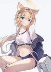  1girl animal_ear_fluff animal_ears artist_name bag bangs bare_legs blue_archive blue_buruma blue_eyes blue_jacket breasts buruma closed_mouth collarbone commentary crop_top eru_daydream flower fox_ears fox_girl gym_uniform hair_between_eyes hair_flower hair_intakes hair_ornament hair_ribbon hairband halo highres jacket looking_at_viewer mari_(blue_archive) mari_(gym_uniform)_(blue_archive) midriff navel off_shoulder official_alternate_costume open_clothes open_jacket orange_hair ponytail ribbon satchel sidelocks signature simple_background sitting small_breasts smile solo sportswear stomach thighs white_background white_hair 