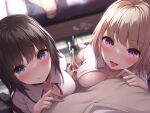  1boy 2girls bangs black_hair blonde_hair blue_eyes blurry blurry_background blush breast_press breasts censored closed_mouth collared_shirt commentary_request cum depth_of_field dress_shirt ejaculation handjob hetero highres indoors long_hair looking_at_viewer medium_breasts mosaic_censoring multiple_girls original penis pov purple_eyes saliva shirt sweat tongue tongue_out toyosaki_shu white_shirt 