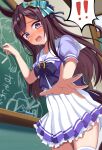  ! !! 1girl black_hair chalk chalkboard commentary_request crouching_start hair_ornament hairclip highres horse_girl long_hair mejiro_dober_(umamusume) open_mouth purple_eyes ribbon school_uniform surprised thighhighs tracen_school_uniform umamusume 