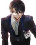  1boy bishounen black_hair collared_shirt fangs formal glasses highres lanyard looking_at_viewer male_focus name_tag naughty_face necktie original red_eyes salaryman saliva shirt striped_necktie suit tongue tongue_out wadani_hitonori 