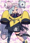  1girl batchgooya bow-shaped_hair character_hair_ornament hair_ornament hexagon_print highres iono_(pokemon) jacket long_hair low-tied_long_hair oversized_clothes pokemon pokemon_(game) pokemon_sv sharp_teeth shirt single_leg_pantyhose sleeveless sleeveless_shirt sleeves_past_fingers sleeves_past_wrists solo teeth very_long_sleeves x yellow_jacket 