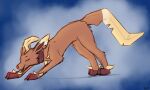  alternate_color canid canine canis cinnamon_(heliofox) digital_media_(artwork) downward_dog eeveelution female feral generation_4_pokemon heliofox leafeon mammal nintendo open_mouth pokemon pokemon_(species) quadruped simple_background smile solo stretching video_games yoga 