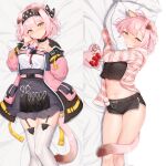  1girl animal_ears arknights black_bow black_collar black_hairband black_jacket black_shirt black_skirt blush bow breasts cardigan cat_ears cat_girl cat_tail collar cropped_shirt dakimakura_(medium) feet_out_of_frame floppy_ears garter_straps goldenglow_(arknights) hair_bow hair_ornament hairband hairclip heart highres jacket lightning_bolt_print long_sleeves looking_at_viewer lying meemo midriff multicolored_clothes multicolored_jacket navel on_side open_cardigan open_clothes open_jacket pillow pink_cardigan pink_hair pink_jacket print_bow print_hairband shirt short_shorts shorts skirt small_breasts solo striped_cardigan tail thighhighs thighs two-tone_jacket white_shirt white_thighhighs yellow_eyes 