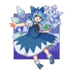  1girl bangs blue_background blue_bow blue_dress blue_eyes blue_footwear blue_hair bow cirno dress frog frozen_frog full_body hair_bow hui_mi_(hennji_echo) ice ice_wings looking_at_viewer open_mouth outside_border pixel_art snowflakes socks solo touhou white_socks wings 
