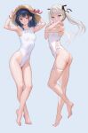  2girls armpits arms_up ass bangs bare_legs bare_shoulders barefoot black_hair blush bracelet breasts closed_mouth covered_navel food-themed_hair_ornament hair_ornament hair_ribbon hand_on_headwear hat highleg highleg_swimsuit highres ichigo-chan_(mignon) jewelry long_hair looking_at_viewer medium_hair mignon multiple_girls one-piece_swimsuit original purple_eyes red_eyes ribbon shiny shiny_skin shiro-chan_(mignon) small_breasts smile standing straw_hat strawberry_hair_ornament sun_hat swimsuit thigh_strap toes white_hair white_one-piece_swimsuit 