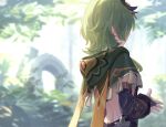  1girl backless_outfit bare_back bridal_gauntlets capelet collei_(genshin_impact) commentary_request detached_sleeves genshin_impact green_hair hair_ornament highres own_hands_together short_hair solo u_jie upper_body 