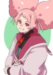  1girl absurdres aduti_momoyama afro_puffs asticassia_school_uniform big_hair blush chuatury_panlunch double_bun green_jacket gundam gundam_suisei_no_majo hair_bun highres holding_own_arm jacket long_sleeves parted_lips pink_hair pink_jacket school_uniform short_bangs smile solo upper_body v white_background 