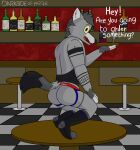  anthro bar butt canid canine canis clothing darkyapper footwear furniture grey_body hi_res jockstrap male male/male mammal mexican_wolf smile socks solo table tail underwear waiter wolf yeik_ancient 