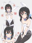  1girl :o ? @_@ absurdres animal_ears bangs black_hair black_pantyhose blue_bow blue_eyes blush bow breasts cleavage closed_mouth commentary_request fake_animal_ears flying_sweatdrops grey_background groin hair_between_eyes hair_bow hairband heavy_breathing highres leotard looking_at_viewer low_ponytail multiple_views nonono_(mino) open_mouth original panties pantyhose parted_lips playboy_bunny ponytail rabbit_ears side-tie_panties simple_background sitting slave-chan_(mino) small_breasts spoken_question_mark strapless strapless_leotard thighband_pantyhose underwear white_hairband white_leotard white_panties 