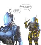  1boy 1girl breasts cable glowing grey_scarf gun highres holding holding_gun holding_weapon humanoid_robot kotone_a medium_breasts open_hand phase_shift_pilot_(titanfall_2) pilot_(titanfall_2) pouch scarf science_fiction simulacrum_(titanfall) speech_bubble stim_pilot_(titanfall_2) titanfall_(series) titanfall_2 translation_request upper_body weapon 