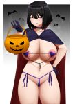  1girl animal areola_slip bangs bat_(animal) black_hair blue_cape blue_choker blue_gloves border breasts cape choker commentary cowboy_shot fangs glaring gloves hair_between_eyes halloween_bucket hand_on_hip hand_up heart_pasties highres huge_breasts mivioppai multicolored_hair open_mouth original outside_border panties pasties purple_panties red_cape red_hair scowl short_hair solo standing streaked_hair thong two-tone_cape underwear white_border yellow_eyes 
