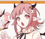  1girl alternate_hair_ornament bangs bat_hair_ornament close-up danganronpa_(series) danganronpa_2:_goodbye_despair flipped_hair food-themed_hair_ornament hair_ornament halloween horns liang_cun_rakuna light_brown_hair medium_hair nanami_chiaki open_mouth pink_eyes pink_hair pointy_ears pumpkin_hair_ornament skull_hair_ornament usami_(danganronpa) 