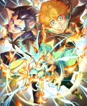  2boys absurdres black_capelet black_clover black_hair blonde_hair blue_eyes capelet casting_spell fire highres lightning luck_voltia magic magna_swing multicolored_hair multiple_boys purinku120 purple_hair smile sunglasses 