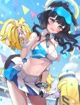  1girl animal_ears bandaid bangs bare_shoulders black_hair blue_archive blue_eyes blue_sky blush body_writing breasts cheerleader confetti crop_top dog_ears dog_girl dog_tail eyewear_on_head gloves goggles goggles_on_head halo hibiki_(blue_archive) hibiki_(cheerleader)_(blue_archive) highres holding holding_pom_poms long_hair looking_at_viewer miniskirt mole navel official_alternate_costume open_mouth pleated_skirt pom_pom_(cheerleading) shirousagi_una skirt sky smile solo star_sticker sticker_on_face sweat tail thighs white_skirt yellow_halo 