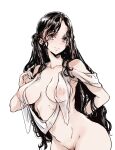  1girl black_hair collarbone endou_okito green_eyes highres leaning_forward long_hair looking_to_the_side navel nipples original parted_lips pubic_hair see-through simple_background solo topless white_background 