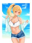  1girl alternate_costume bangs beach bikini bikini_top_only blonde_hair blue_shorts blue_sky blush breasts cleavage closed_mouth cloud cloudy_sky collarbone commentary contrapposto cowboy_shot dark-skinned_female dark_skin denim denim_shorts fur-trimmed_shorts fur_trim groin highres hololive jacket long_hair looking_at_viewer medium_breasts navel o29sukizero ocean open_clothes open_fly open_jacket parted_bangs pointy_ears ponytail red_eyes scrunchie shiranui_flare short_shorts shorts sky smile solo standing stomach swimsuit virtual_youtuber white_bikini white_jacket 