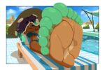  2022 5_toes animal_humanoid beach_chair bikini breasts cephalopod cephalopod_humanoid clothing dark_body dark_skin feet female foot_focus green_toes hi_res humanoid humanoid_feet marina_(splatoon) marine marine_humanoid markings mole_(marking) mollusk mollusk_humanoid n_sktch navel navel_piercing nintendo octarian octoling octopus_humanoid one_eye_closed piercing pool pseudo_hair relaxing solo splatoon sun_hat swimwear tentacle_hair tentacles toes under_boob video_games 