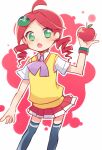  1girl andou_ringo black_thighhighs bow character_hair_ornament food fruit green_eyes hair_ornament hand_up holding holding_food holding_fruit looking_at_viewer open_mouth purple_bow puyo_(puyopuyo) puyopuyo red_hair red_skirt shirt short_sleeves skirt sweater_vest thighhighs twintails white_background white_shirt white_sleeves xox_xxxxxx yellow_sweater_vest 