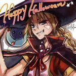  1girl alien bandages blonde_hair blue_eyes chrono_cross facial_mark halloween happy_halloween hat kid_(chrono_cross) long_hair looking_at_viewer mizuki1196 multi-tied_hair ponytail red_ribbon ribbon simple_background smile solo starky_(chrono_cross) vest white_background witch_hat 